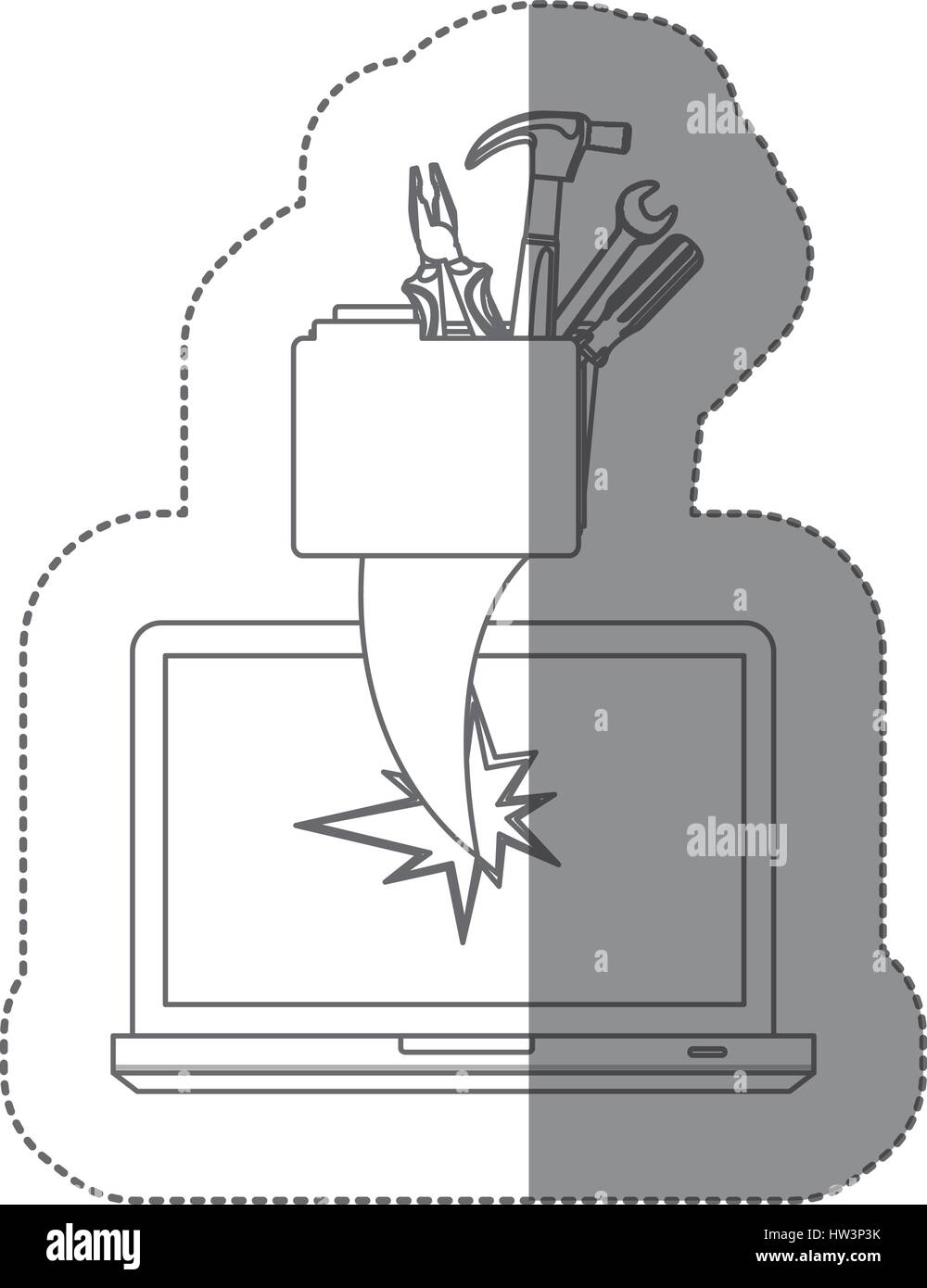 sticker monochrome silhouette broken front view tech laptop with hand ...