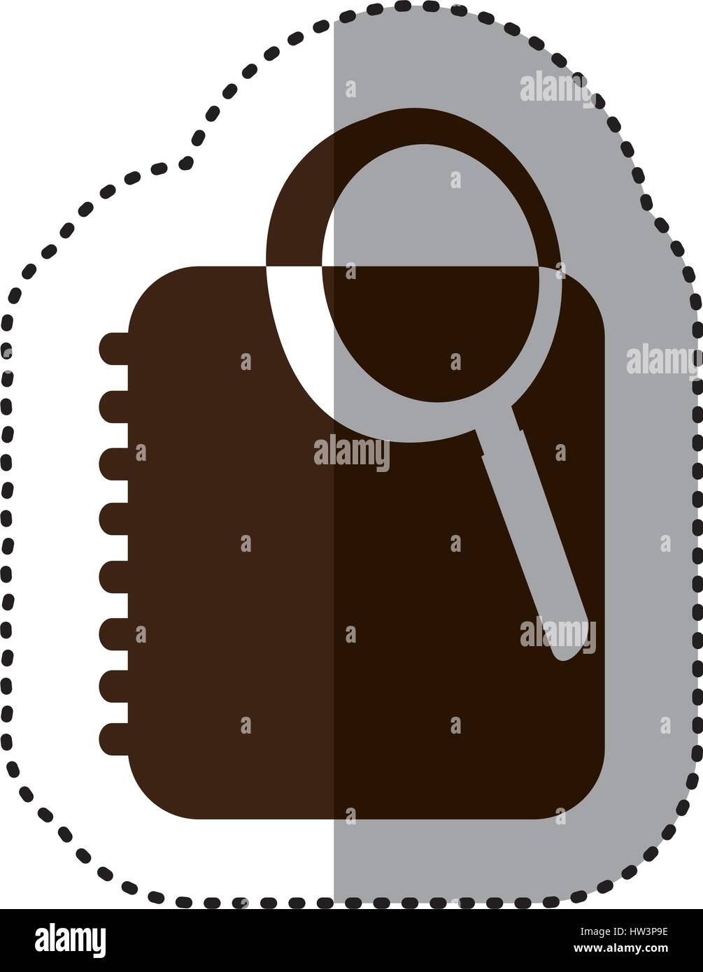 sticker brown silhouette magnifying glass with notebook with rings Stock Vector