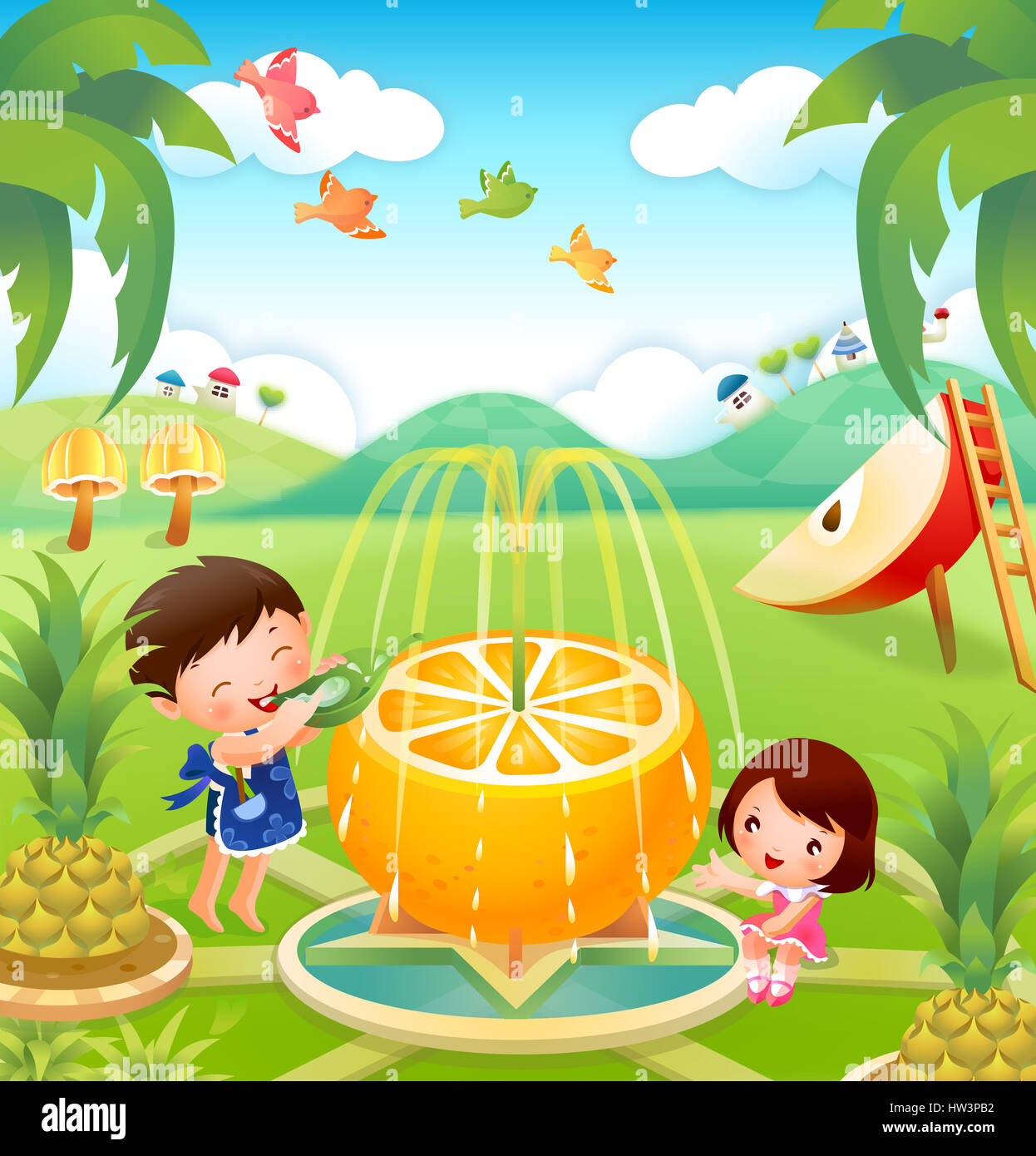 apple,banana leaf,bird,avian,boys,boy,male,brown hair,cartoon,casual clothing,clipart,cloud,color,colour,color image,computer graphics,day,digitally generated image,enjoyment,flying,fountain,frock,fruit,nutrition,nutritious,organic,full length,girls,girl,child,kid,female,graphics,grass,house,illustration,ladder,leaf,mushroom,orange,outdoors,park,pineapple,playful,playing,rolling landscape,side Stock Photo