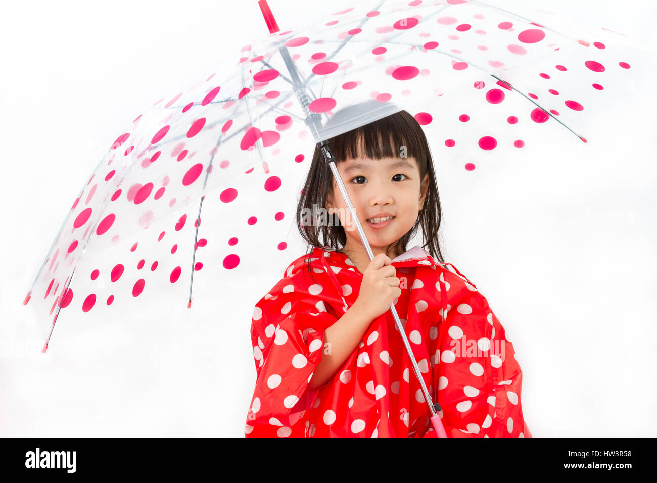 Chinese Little Girl Holding umbrella with raincoat in plain white