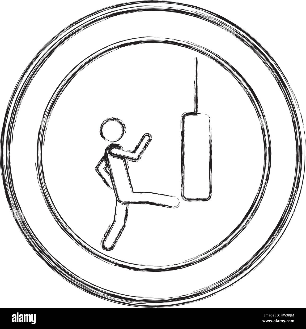 monochrome sketch of man kicking a punching bag in circular frame Stock