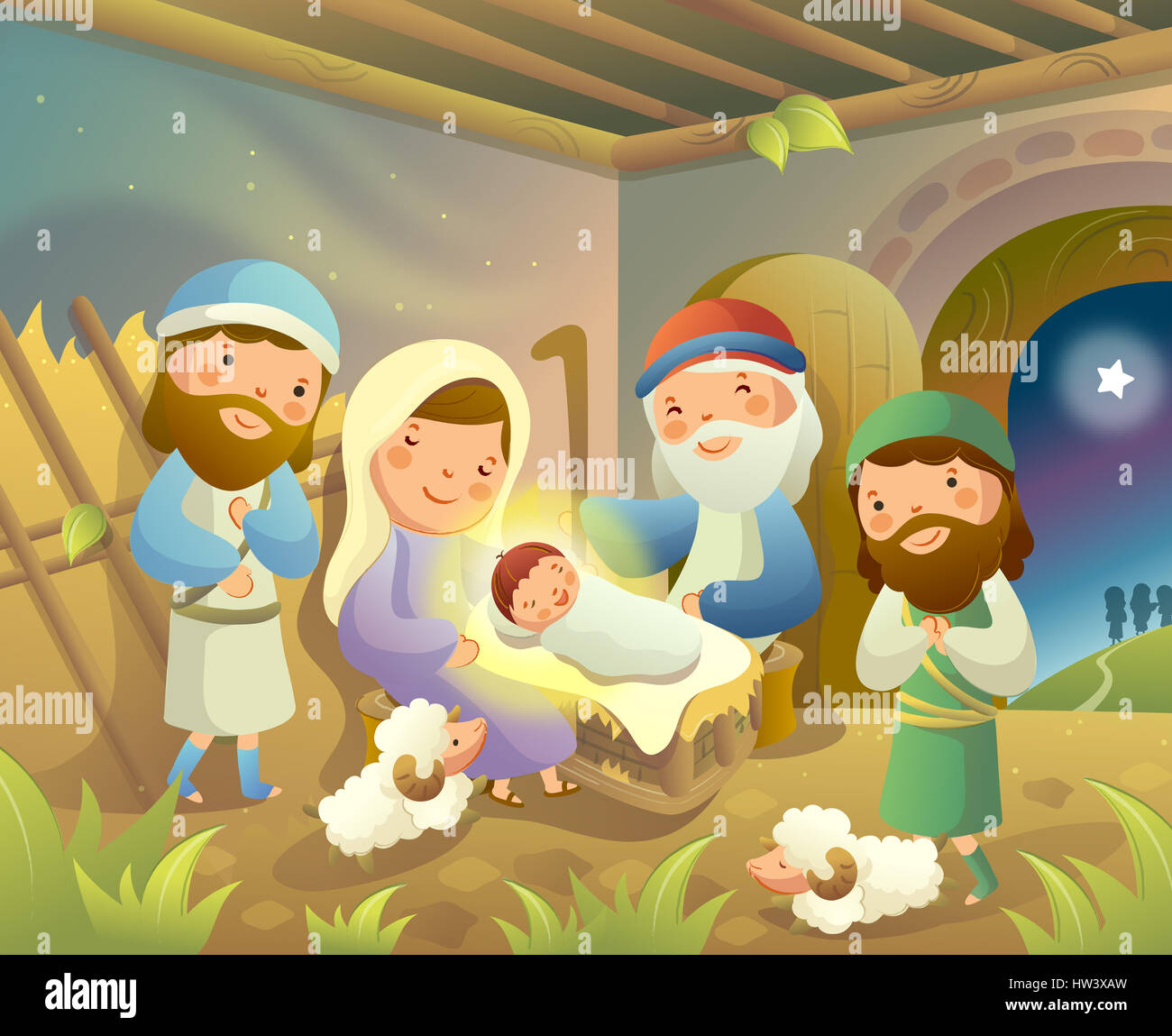 animal themes,animal,baby boys,beard,beginnings,cane,cap,care,christianity,clipart,color,colour,color image,computer graphics,digitally generated image,domestic animals,five people,front view,full Stock Photo