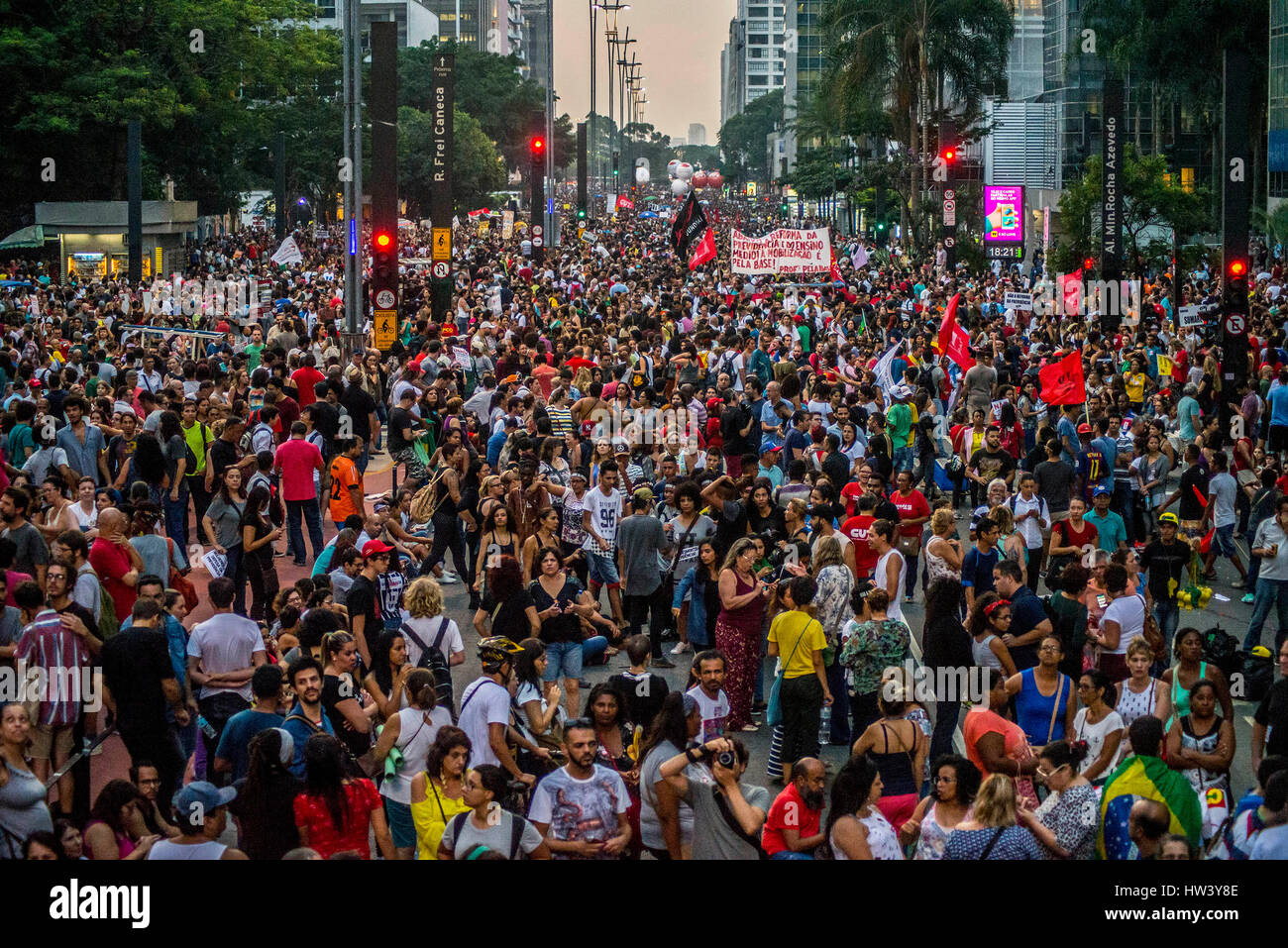 Sao Paulo, Brazil. 15th Mar, 2017. Demonstrators take part in a protest ...