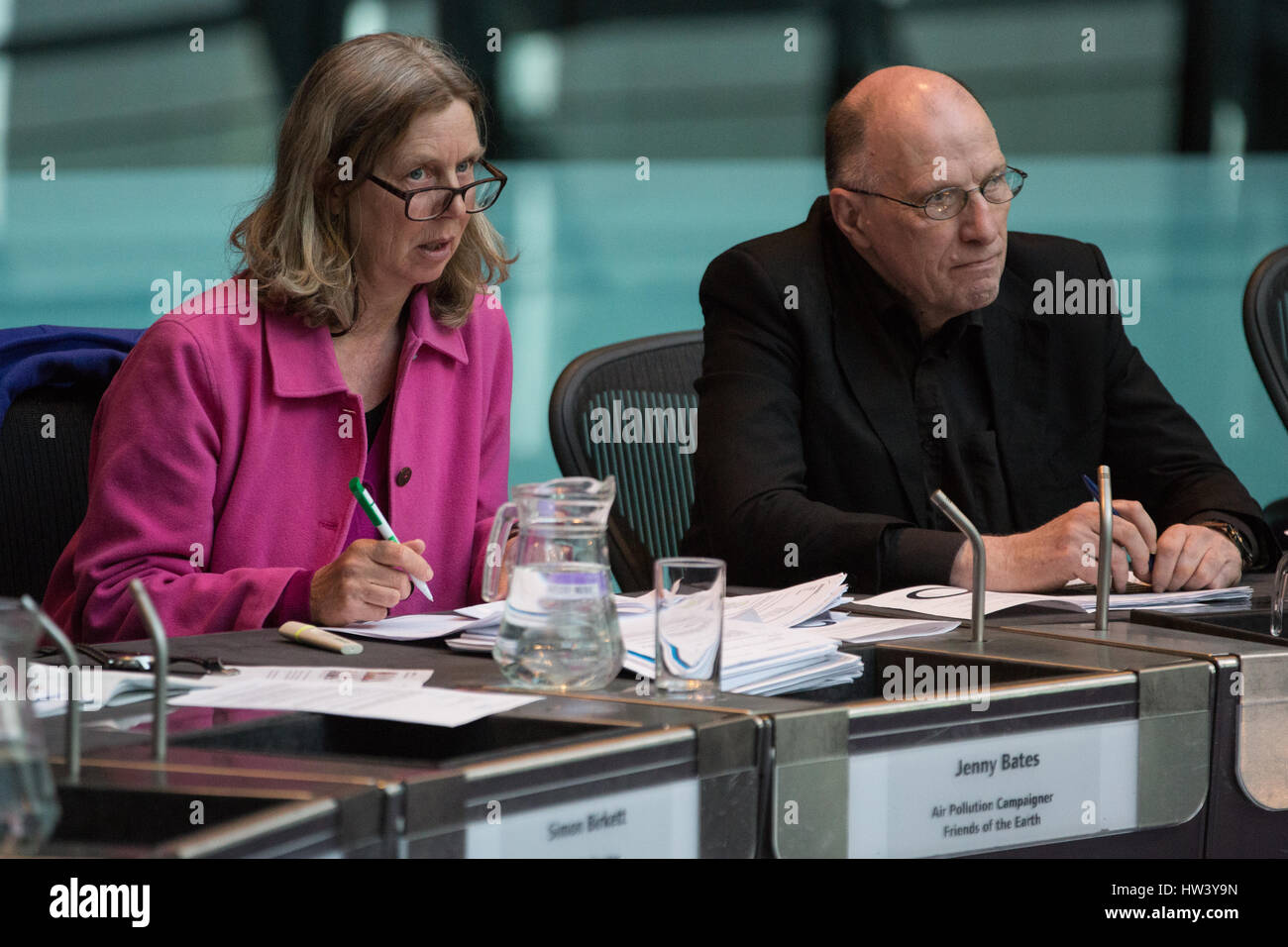 London, UK. 16th March, 2017. Jenny Bates, London Campaigner at Friends of the Earth, addresses the London Assembly Environment Committee during a debate on Heathrow expansion in the Chamber at City Hall. Credit: Mark Kerrison/Alamy Live News Stock Photo