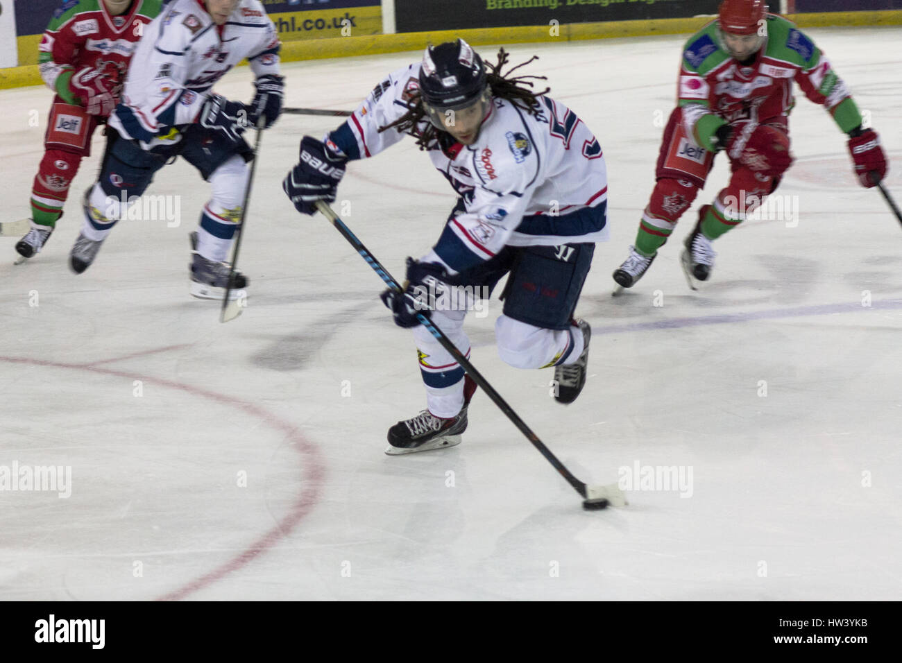 CARDIFF, UNITED KINGDOM. Cardiff Devils Ice Hockey team playing a home game in the Cardiff Ice Arena. Stock Photo
