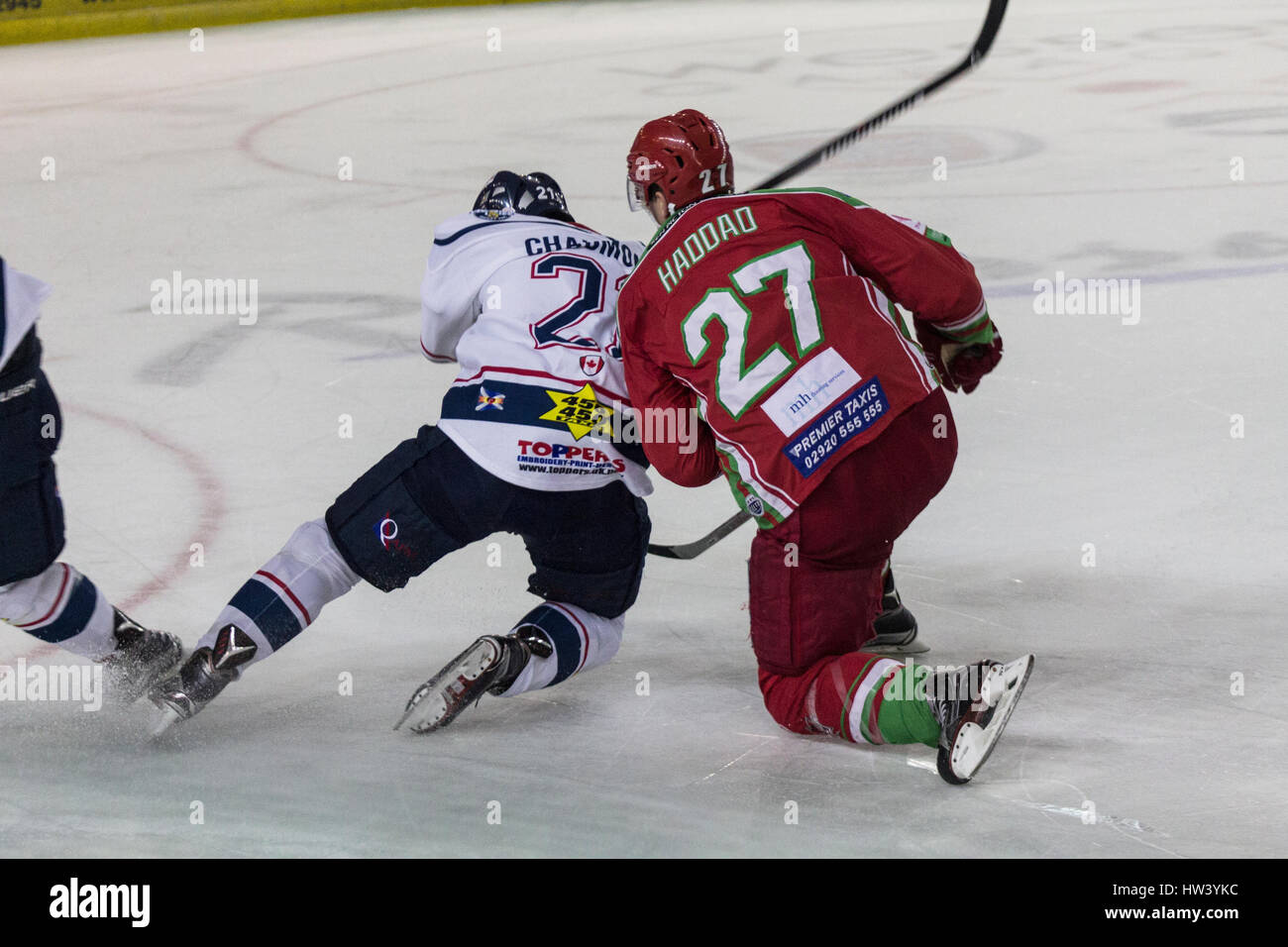 CARDIFF, UNITED KINGDOM. Cardiff Devils Ice Hockey team playing a home game in the Cardiff Ice Arena. Stock Photo