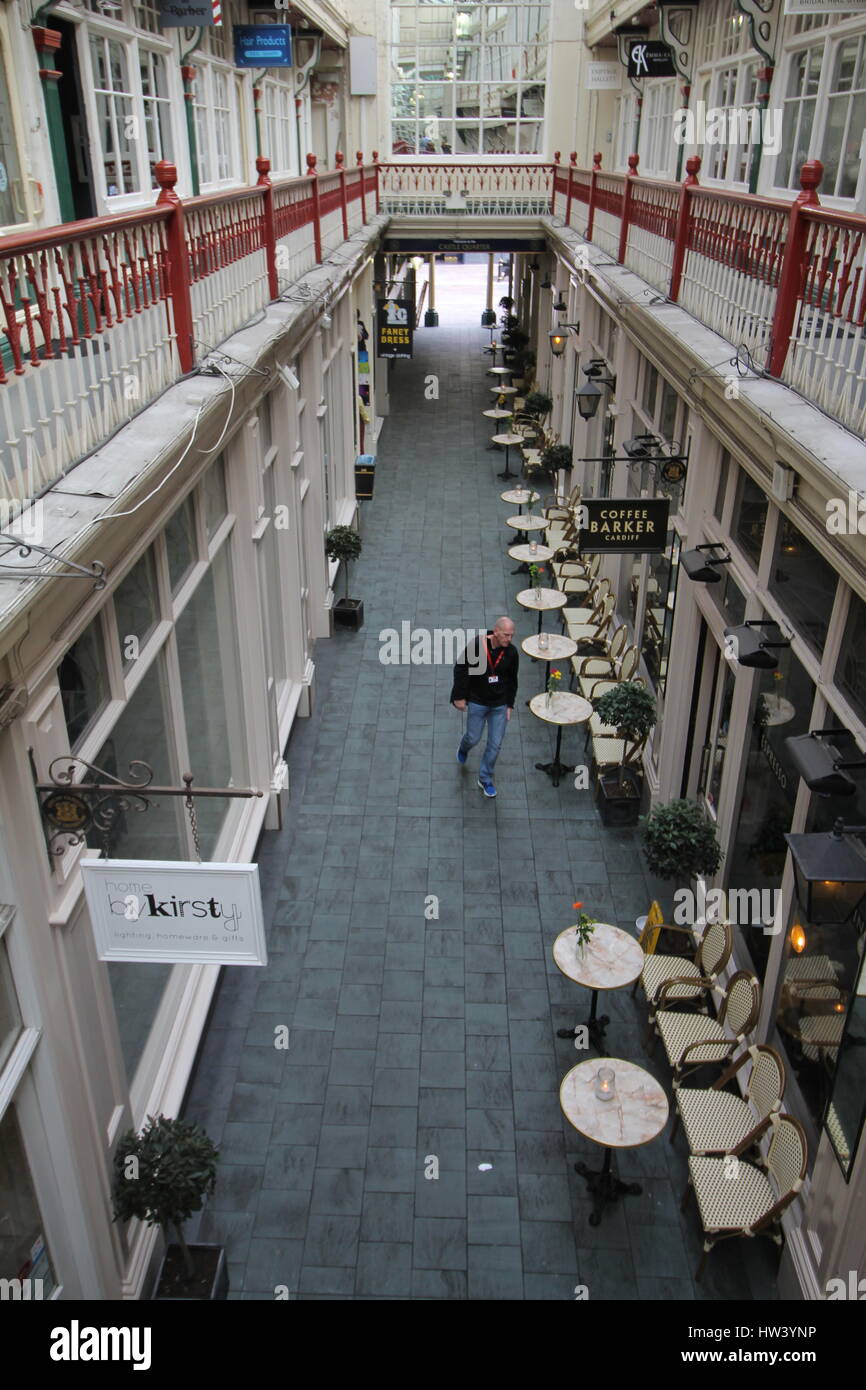 CARDIFF, UNITED KINGDOM. Castle Arcade in Cardiff City Centre on a quiet day taken from the balcony. Stock Photo