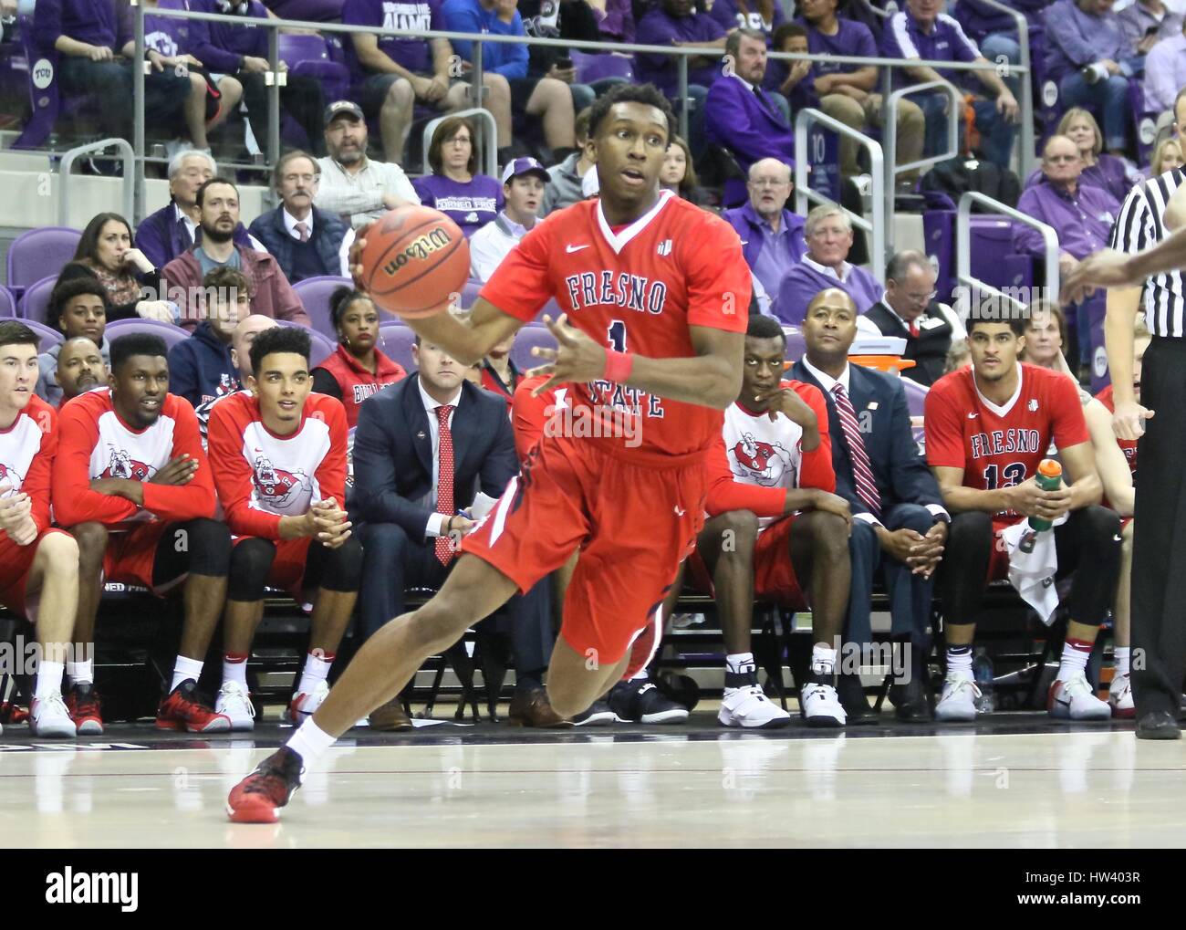 Fort Worth Texas, USA. 15th Mar, 2017. NIT basketball, tournament, NCAA, First Round, Bulldog guard Jaron Hopkins (1) makes big move to hoop during NCAA, NIT basketball tournament action between Fresno State Bulldogs and TCU Horned Frogs at Schollmaier Arena in Fort Worth Texas. TCU defeated Bulldogs 66-59. Jeff Goldberg/CSM/Alamy Live News Stock Photo