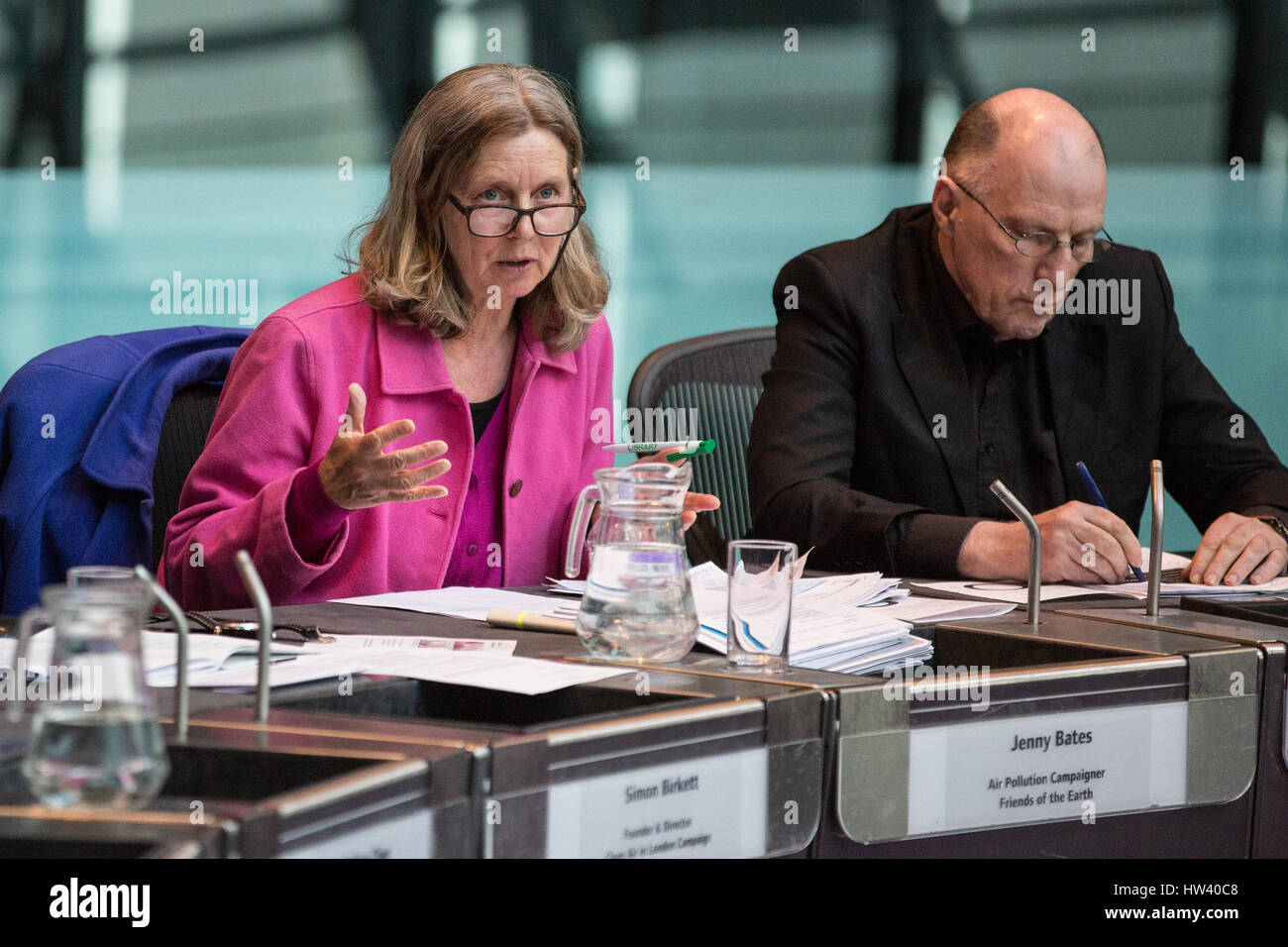 London, UK. 16th March, 2017. Jenny Bates, London Campaigner at Friends of the Earth, addresses the London Assembly Environment Committee during a debate on Heathrow expansion in the Chamber at City Hall. Credit: Mark Kerrison/Alamy Live News Stock Photo