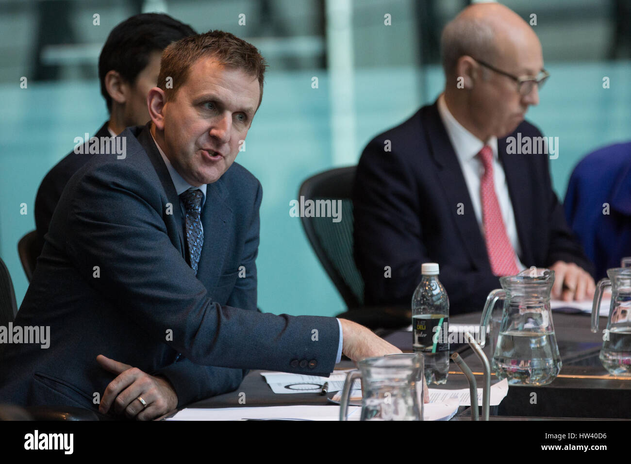 London, UK. 16th March, 2017. Matt Gorman, Director of Sustainability and Environment at Heathrow Airport, addresses the London Assembly Environment Committee during a debate on Heathrow expansion in the Chamber at City Hall. Credit: Mark Kerrison/Alamy Live News Stock Photo