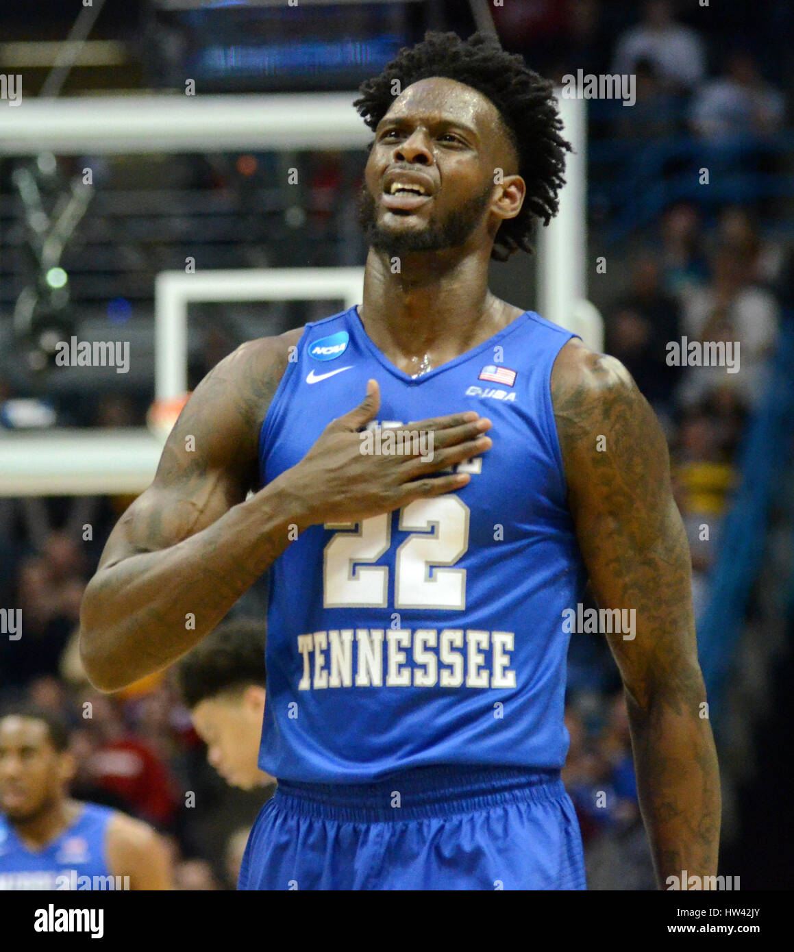 Milwaukee, Wisconsin, USA. 16th Mar, 2017. Middle Tennessee's JaCorey Williams celebrates during the first round game of the NCAA Tournament between the Middle Tennessee Blue Raiders and the Minnesota Golden Gophers in Milwaukee, Wisconsin. Ricky Bassman/Cal Sport Media/Alamy Live News Stock Photo