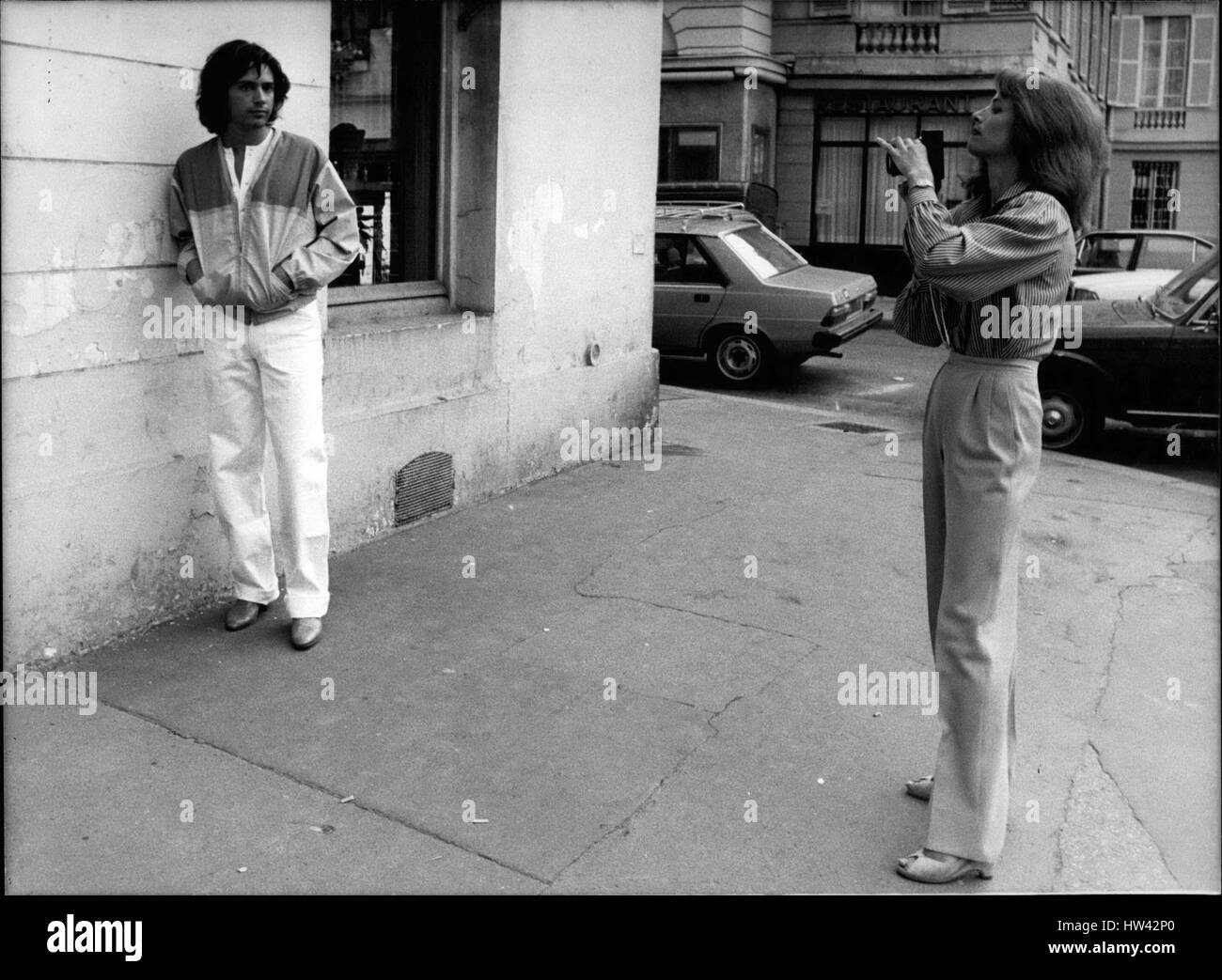Sep. 07, 1979 - Charlotte Rampling is taking pictures of her husband, Jean-Michel Jarre, a well known composer. He has been transformed into a model in the span of an afternoon in order to to present Christian Charrat's ready-to-wear collection. (Credit Image: © Keystone Press Agency/Keystone USA via ZUMAPRESS.com) Stock Photo