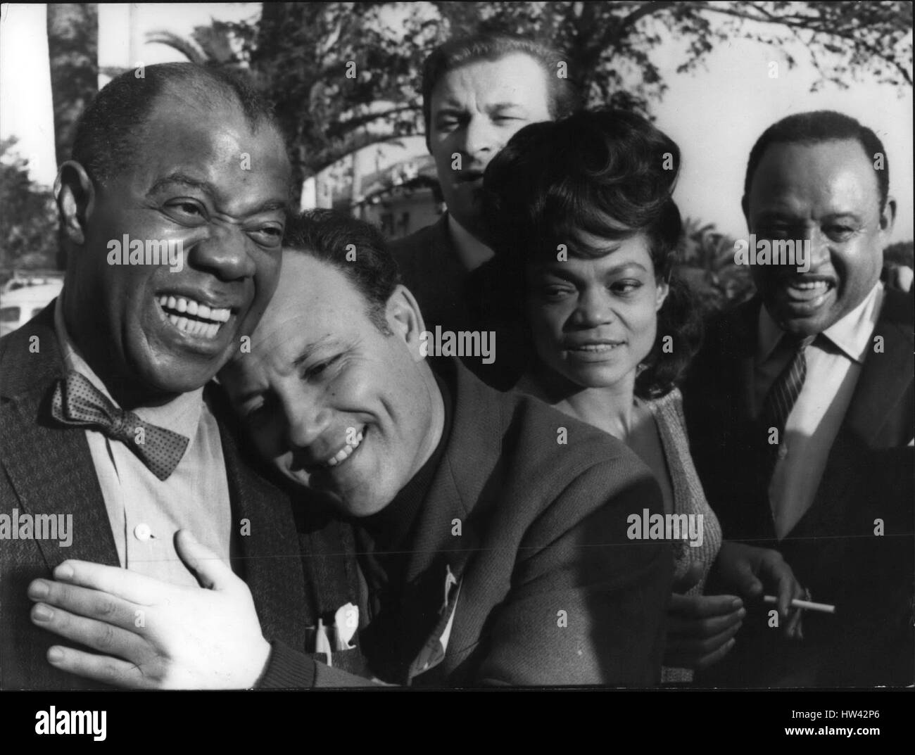 Feb. 02, 1968 - It is began in Sanremo, the fine town of the Riviera, the XVIII Sanramo song Festival several of the biggest singers of the international music are present to the song festival. photo shows From left Louis ''Satchmo'' Armstrong, Italian singer Claudio Villa, Eartha Kitt and Xylophonist lionel Hampton. (Credit Image: © Keystone Press Agency/Keystone USA via ZUMAPRESS.com) Stock Photo