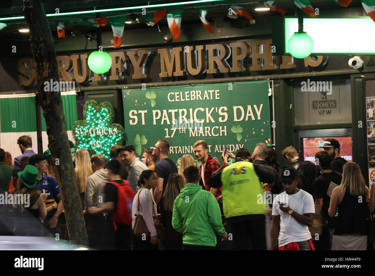Sydney, Australia. 17th Mar, 2017. Irish revellers celebrated St Patrick's Day in Sydney by getting drunk at pubs. Pictured is Scruffy Murphy's Hotel at 43-49 Goulburn Street. Copyright Credit: 2017 Richard Milnes/Alamy Live News Stock Photo