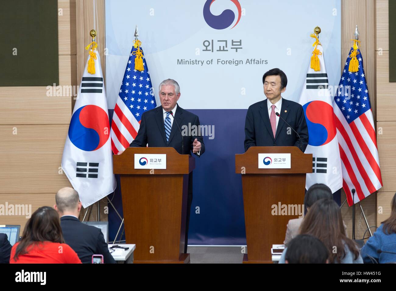 Seoul, South Korea. 17th March 2017. U.S. Secretary of State Rex Tillerson during a joint press conference with South Korean Foreign Minister Yun Byung-se at the Ministry of Foreign Affairs March 17, 2017 in Seoul, South Korea. Tillerson is on his first trip to Asia as Secretary of State. Credit: Planetpix/Alamy Live News Stock Photo