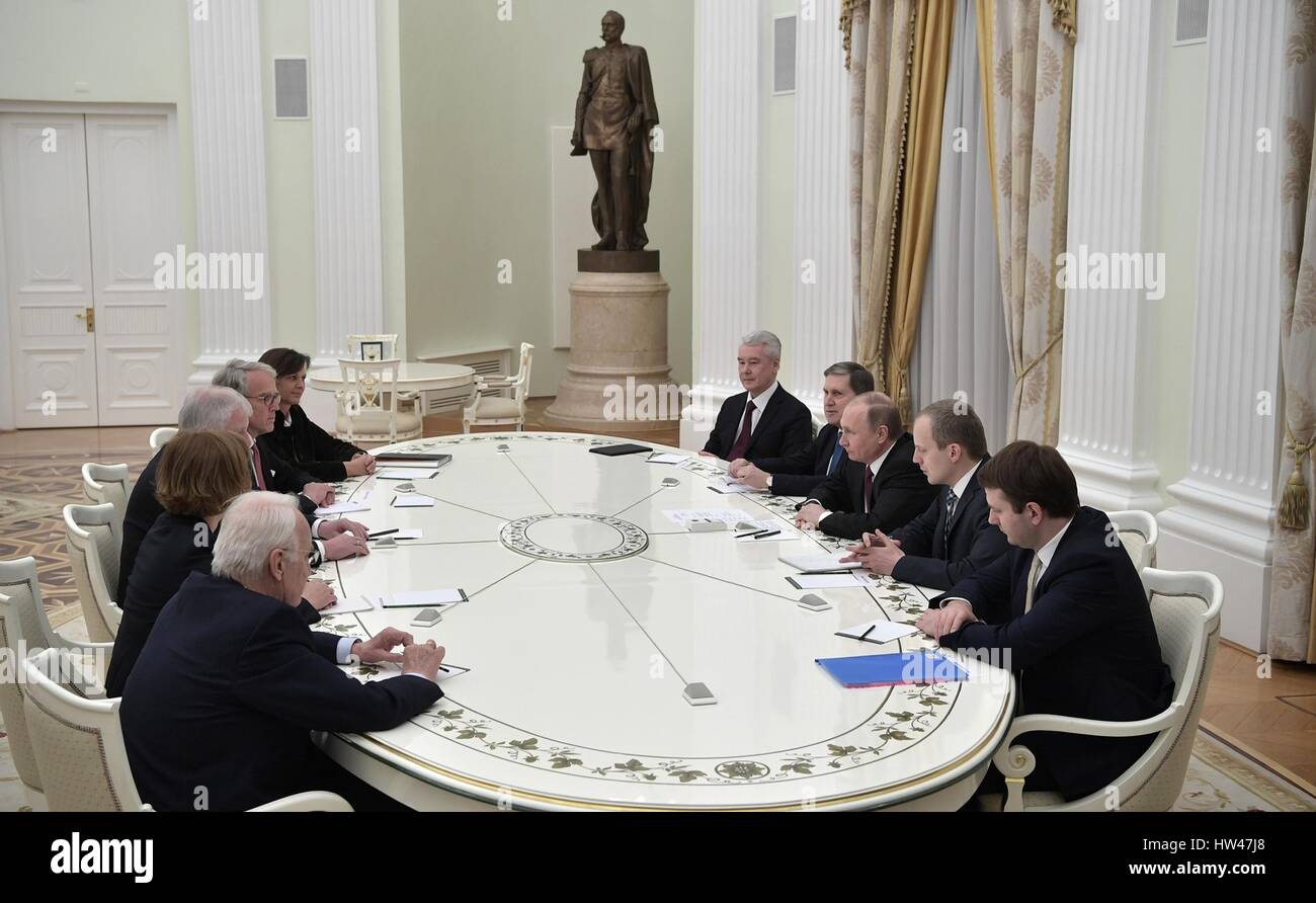 Russian President Vladimir Putin, right, holds a bilateral meeting with Minister President of Bavaria Horst Seehofer at the Kremlin March 16, 2017 in Moscow, Russia. Stock Photo