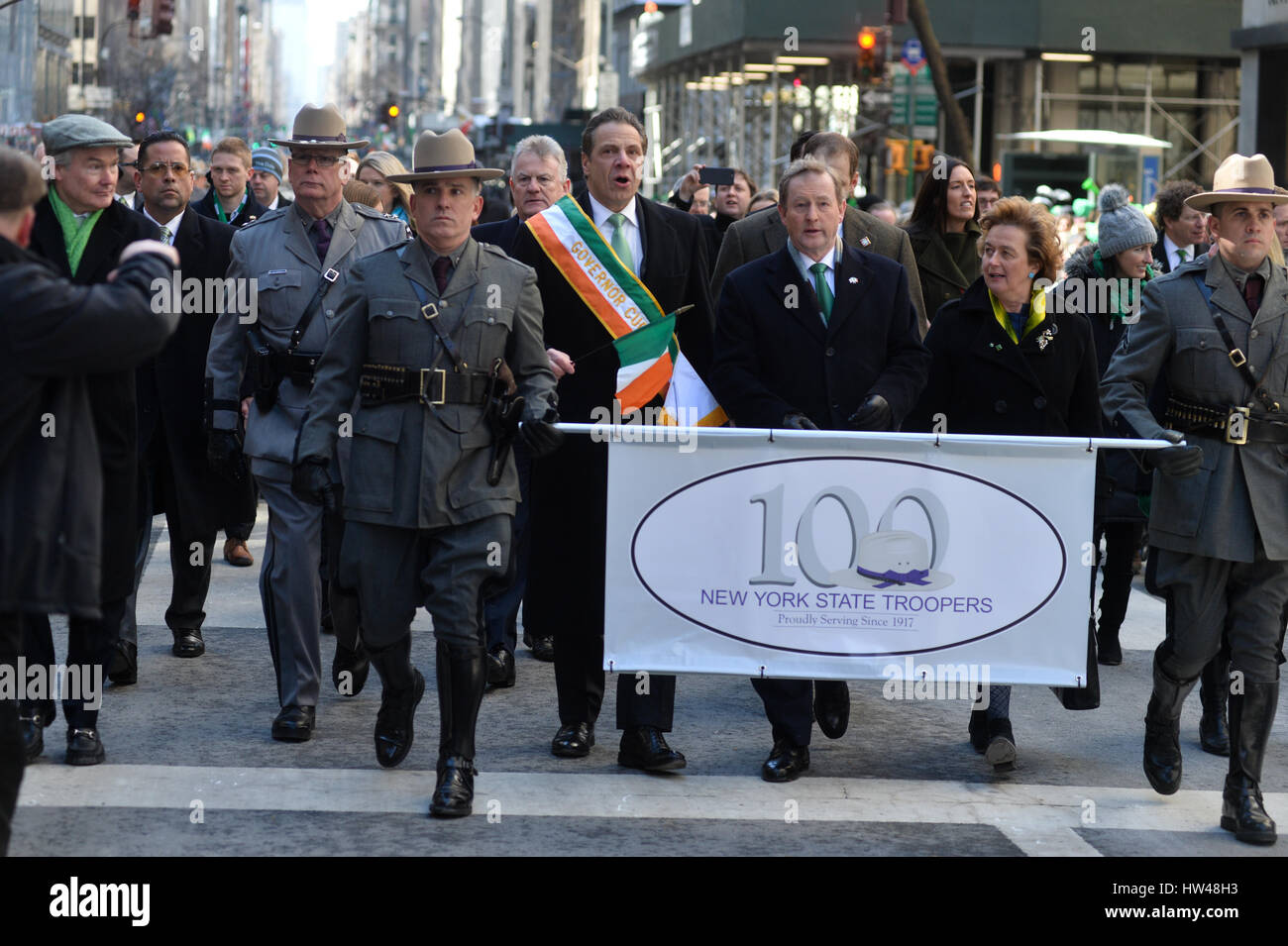 New York, USA. 17th Mar, 2017. New York Gov. Andrew Cuomo (C) and Irish Prime Minister Enda Kenny attends the 256th Annual St. Patrick's Day Parade on March 17, 2017 in New York City. Credit: Erik Pendzich/Alamy Live News Stock Photo