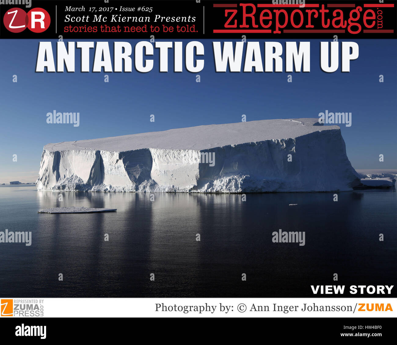 zReportage.com Story of the Week # 625 - Researchers record the hottest ever reading on Earth's coldest continent where temperatures usually range between 14F and -76F. Temperatures in Antarctica reached an unprecedented 63.5F on March 24, 2015, the U.N. weather agency has announced, March 2017. Over the past 50 years, the west coast of the Antarctic Peninsula has been one of the most rapidly warming parts of the planet, with its glaciers in accelerated retreat in the last 12 years. Air temperature increases of 3 degrees in the Antarctic Peninsula, which is 5 times the mean rate of global warm Stock Photo