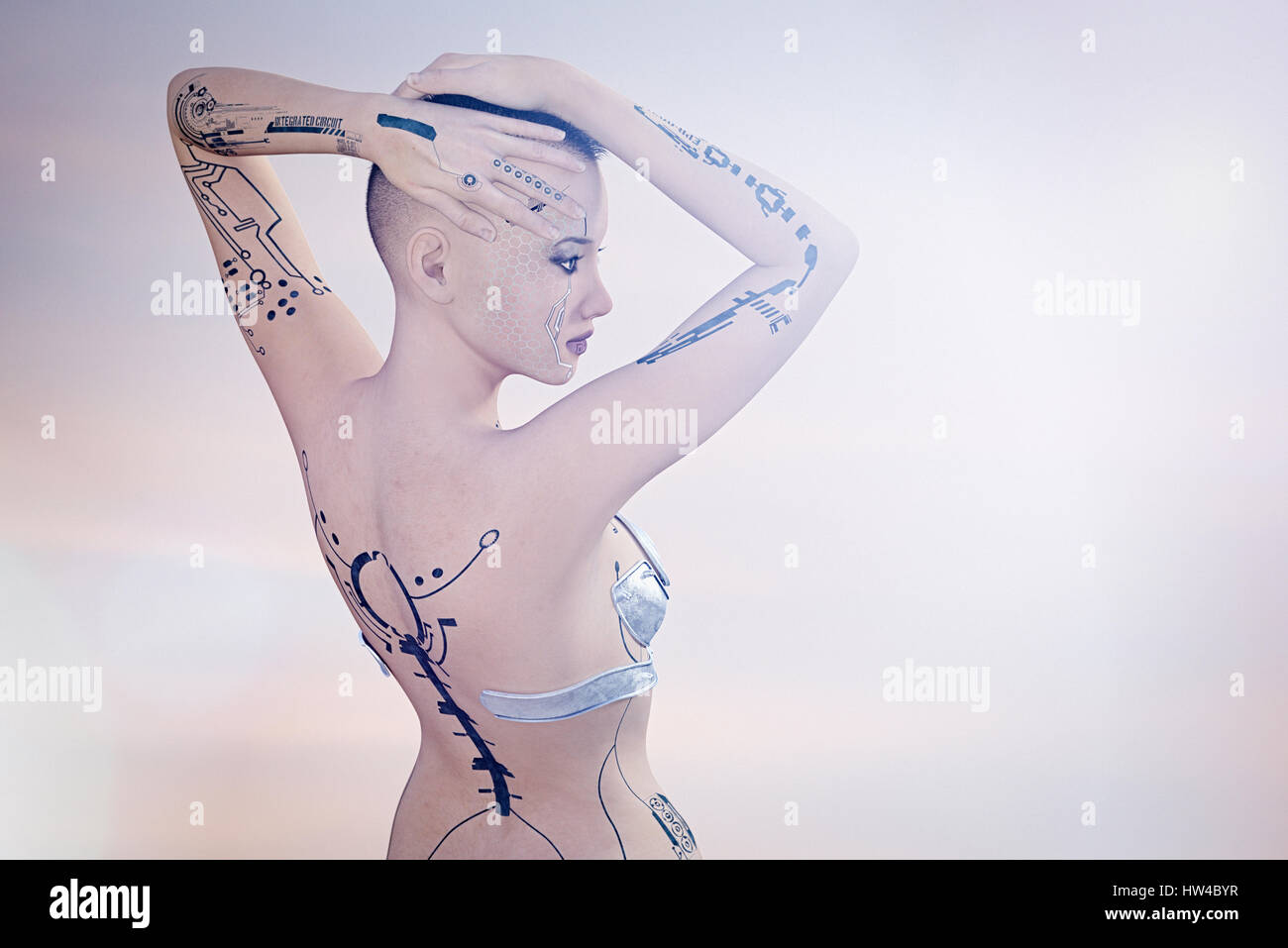 Tattoos on arms and back of futuristic woman Stock Photo