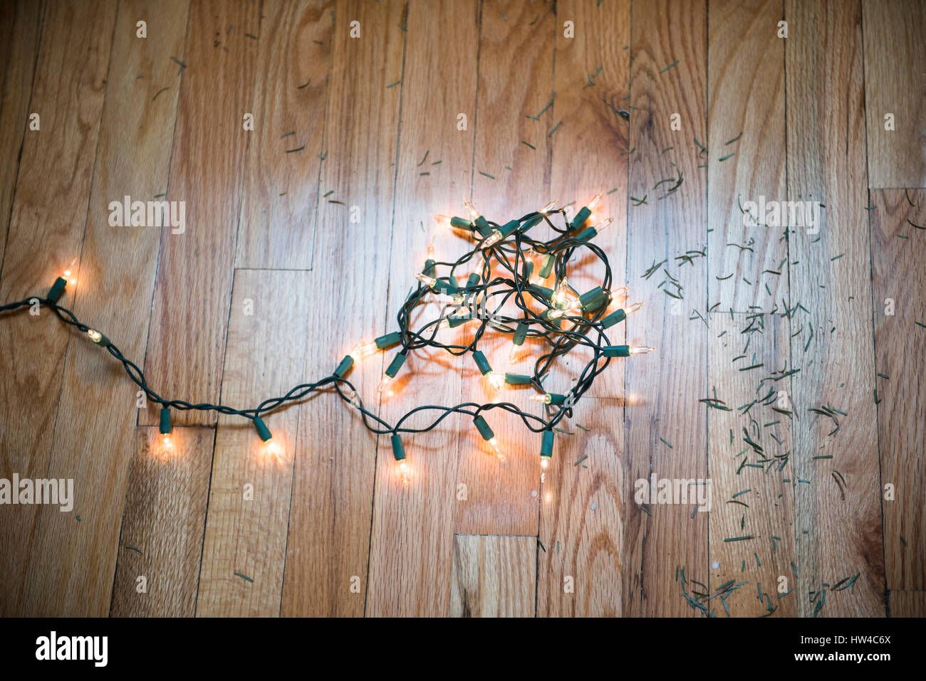 String lights on floor with Christmas tree pine needles Stock Photo