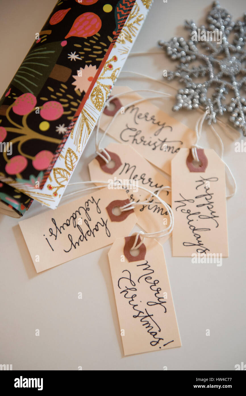 Wrapping paper, tags and Christmas ornament Stock Photo Alamy