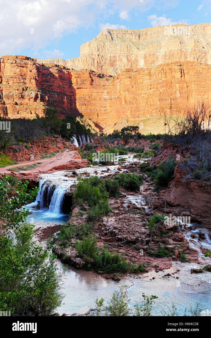 River pouring over Havasu Falls, Grand Canyon, United States Stock Photo