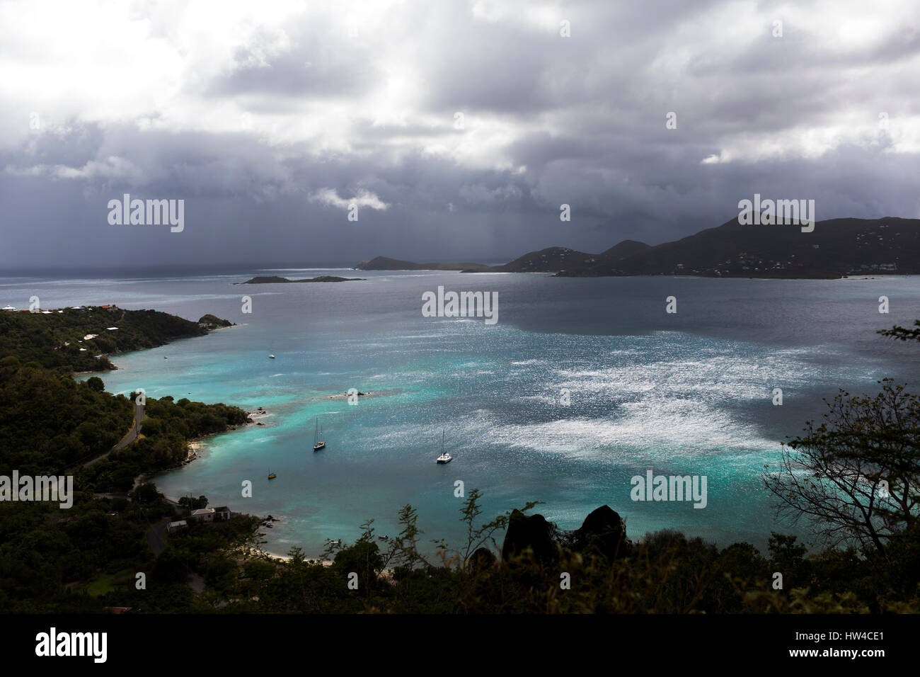 Aerial view of ocean and lush coastline Stock Photo