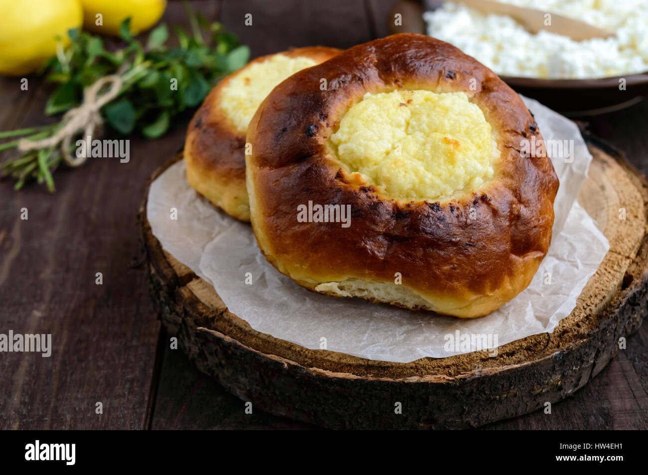 Vanilla cottage cheese buns (cheesecake) on dark wooden background