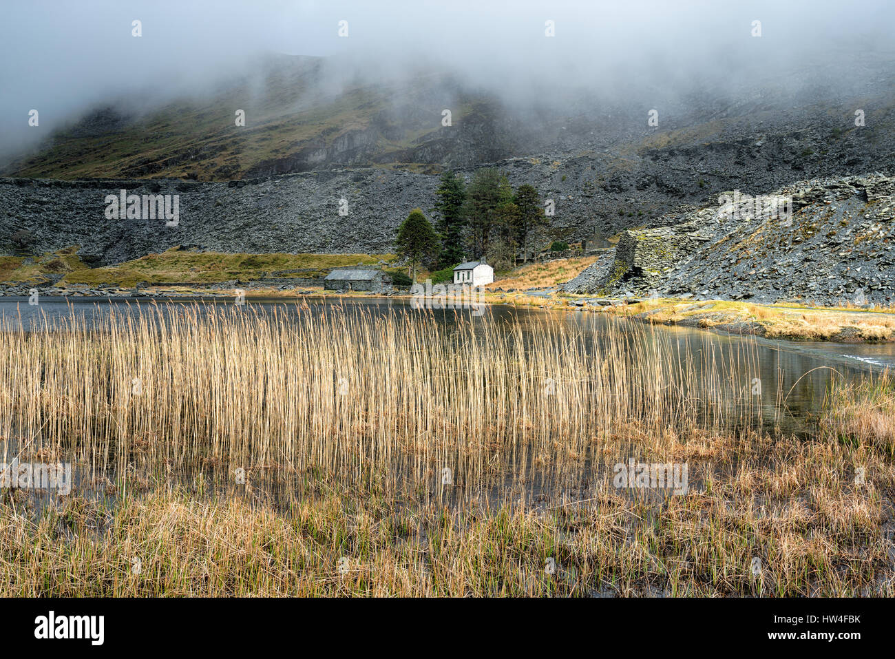 Clouds descend on Cwmorthin Slate Quarry at Tanygrisiau in north Wales Stock Photo