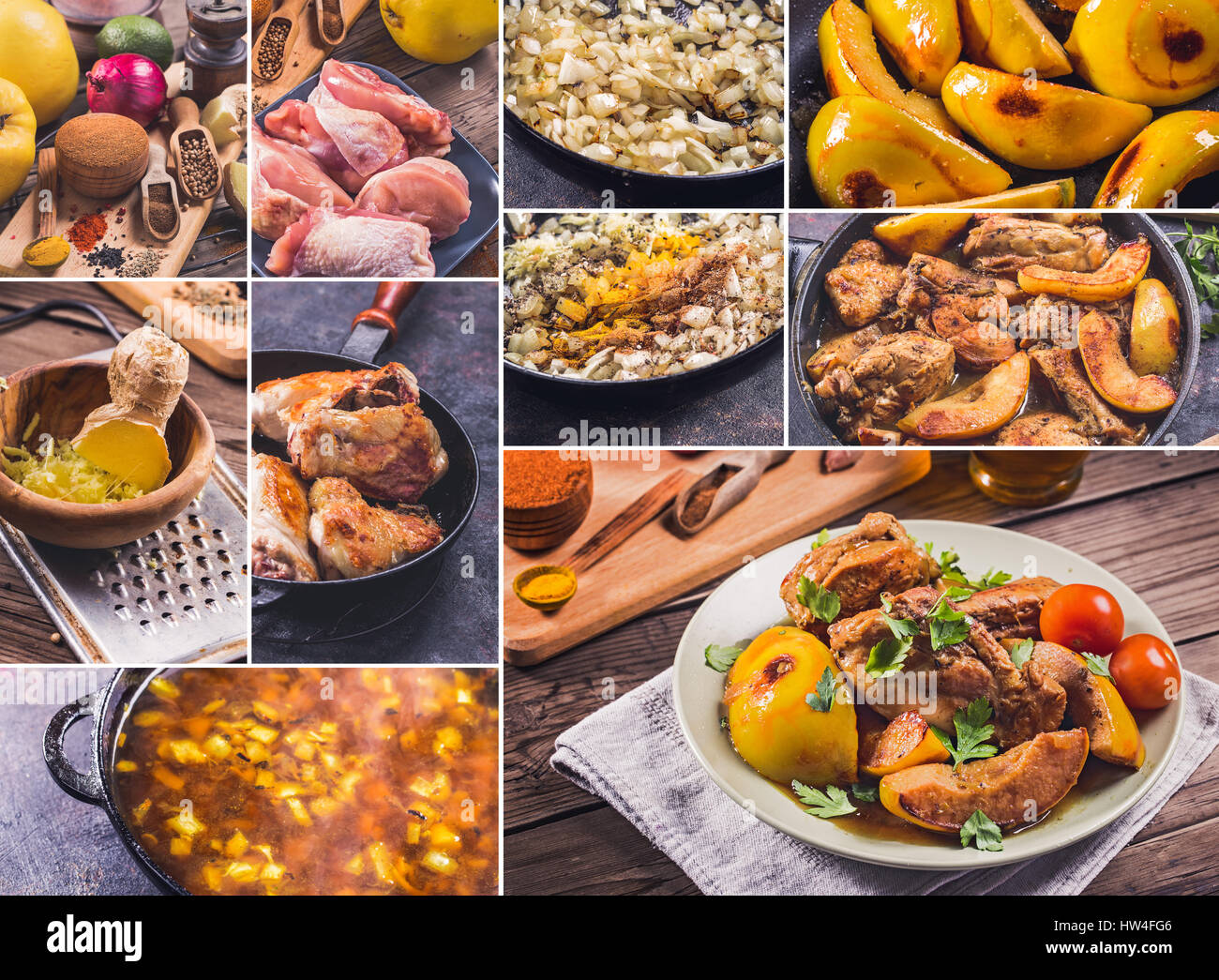Chicken and quinces stew. Step by step cooking collage Stock Photo