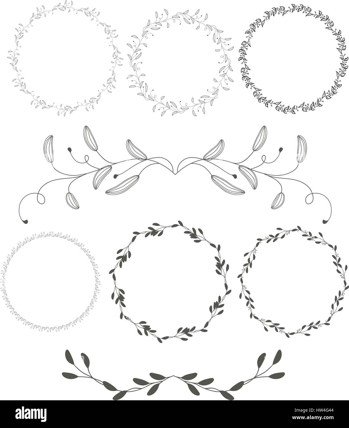 set of round flourish vintage decorative whorls frame leaves isolated