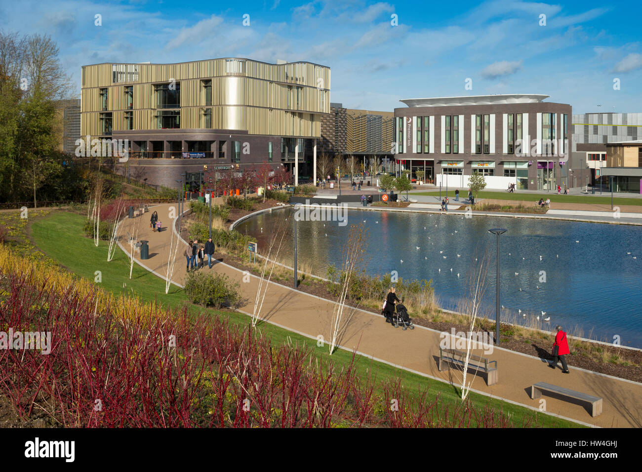 Lakeside walk at Telford's Southwater with Telford Libary, Shropshire, UK. Stock Photo