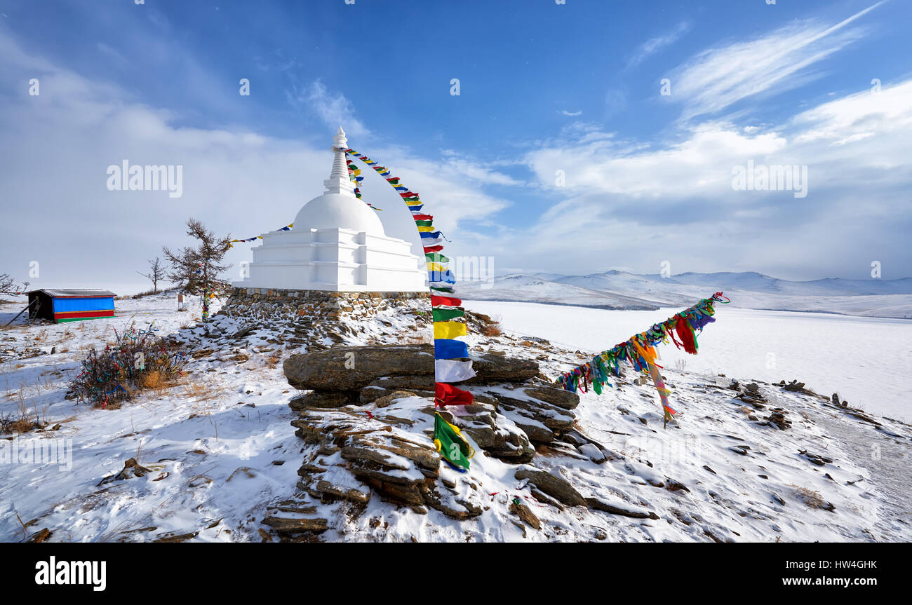 All good Stupa of Great Bliss. Awakening bestower of liberation upon sight. Tibetan Buddhism. Ogoy Island. Baikal Lake Stock Photo