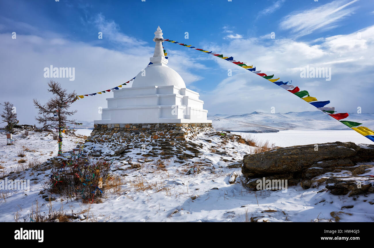 Enlightenment Stupa on island of Ogoy in early March. Irkutsk region. Olkhon area. Russia Stock Photo