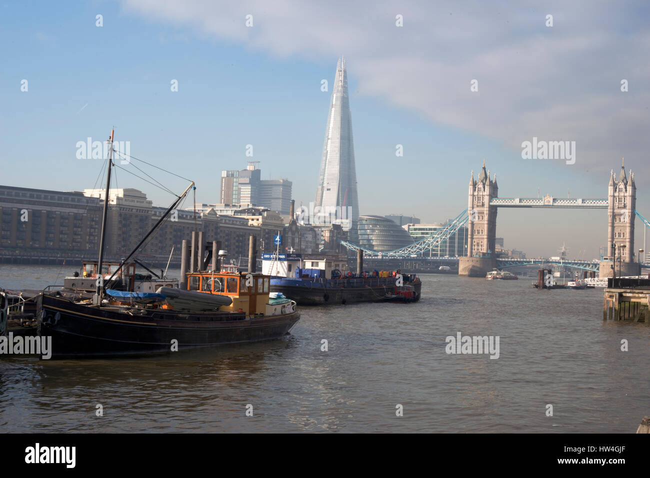 View of the Thames, the Shard and Tower Bridge from Hermitage Wharf, London, UK. Stock Photo