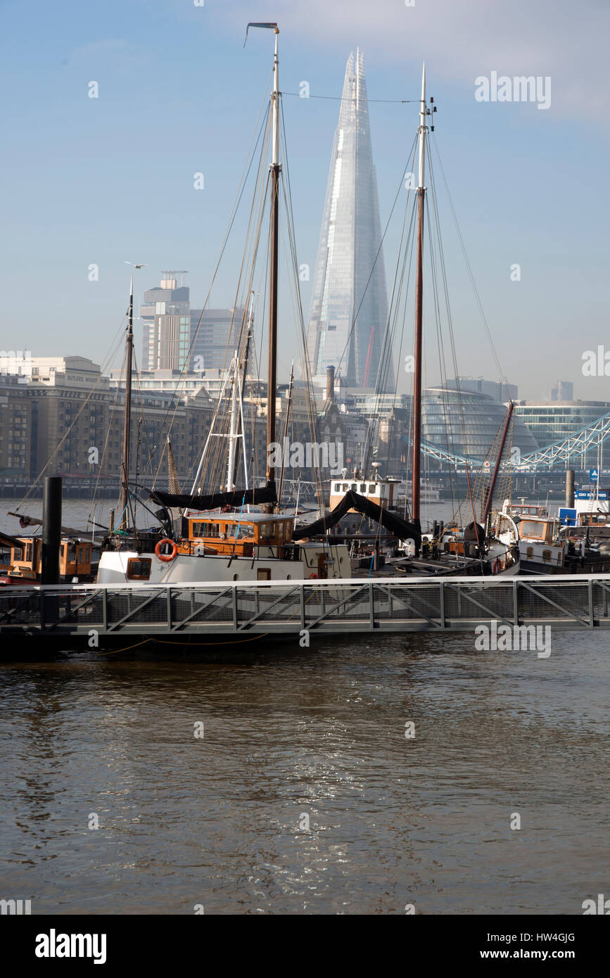 View of the Thames and the Shard from Hermitage Wharf, London, UK. Stock Photo