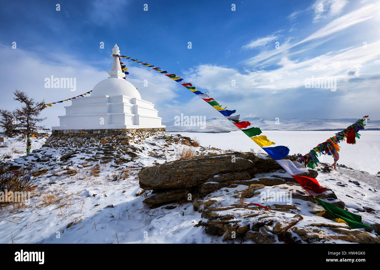 Enlightenment Stupa - a place of meditation on an uninhabited island on Lake Baikal. Irkutsk region. Russia Stock Photo