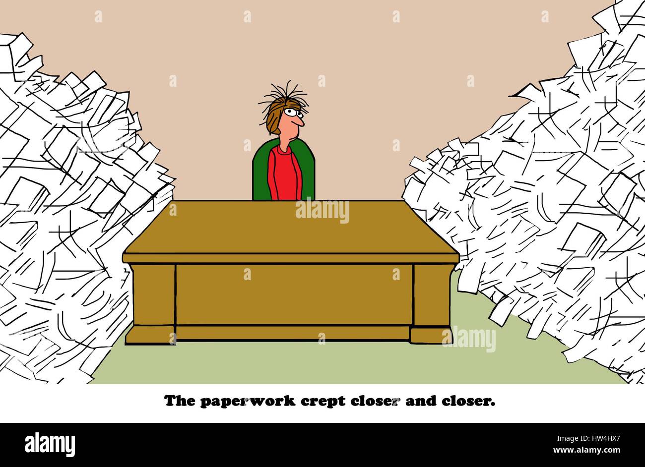 Business cartoon about paperwork creeping towards a desk. Stock Photo
