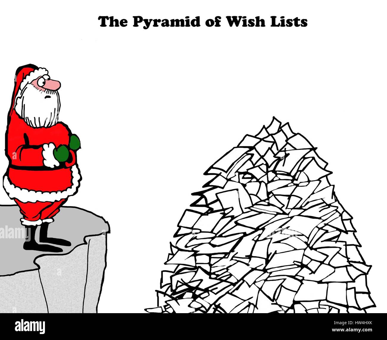 Christmas illustration of Santa Claus looking at a huge pyramid of wish lists. Stock Photo