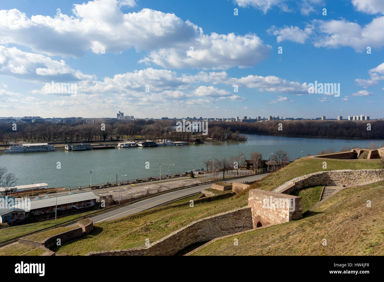 The confluence of Danube and Sava rivers in Belgrade, Serbia, as seen from the Kalemegdan fortress Stock Photo