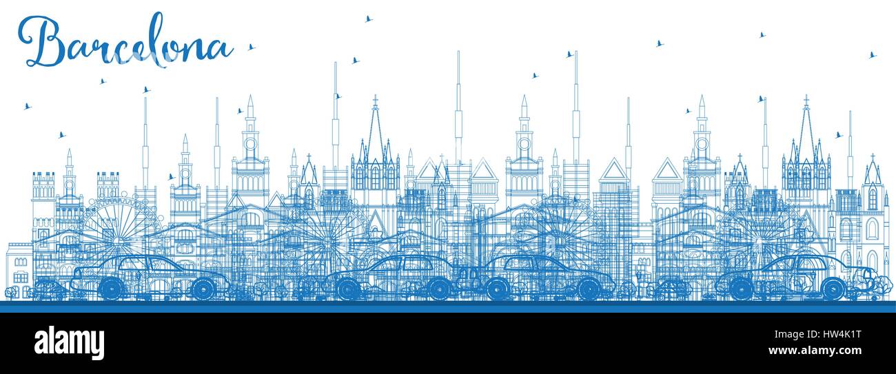 Outline Barcelona Skyline with Blue Buildings. Vector Illustration. Business Travel and Tourism Concept with Historic Buildings. Stock Vector