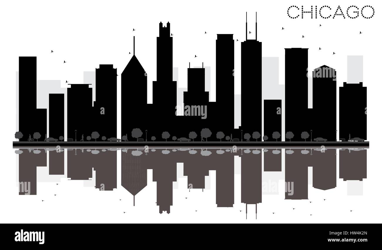 Chicago City skyline black and white silhouette with reflections. Vector illustration. Simple flat concept for tourism presentation, banner Stock Vector