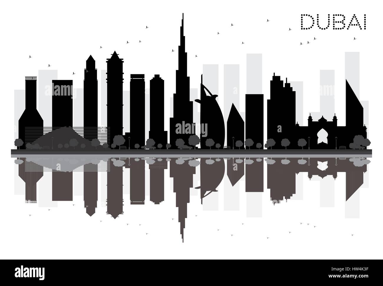 Dubai City skyline black and white silhouette with reflections. Vector ...