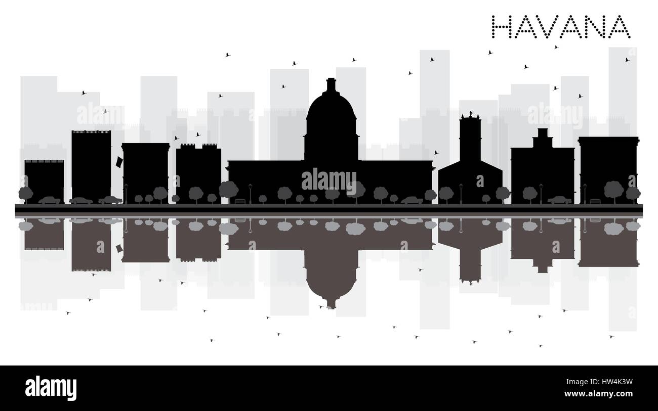 Havana City skyline black and white silhouette with reflections. Vector illustration. Simple flat concept for tourism presentation, banner Stock Vector