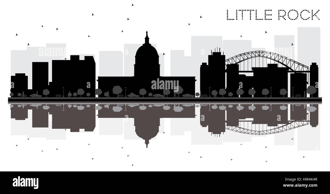 Little Rock City skyline black and white silhouette with Reflections. Vector illustration. Simple flat concept for tourism presentation, banner Stock Vector