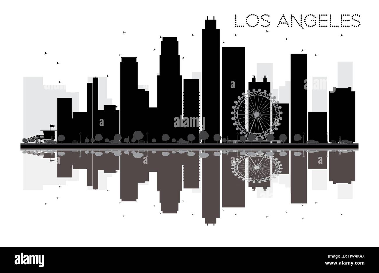 Los Angeles City skyline black and white silhouette with reflection. Vector illustration. Simple flat concept for tourism presentation, banner Stock Vector