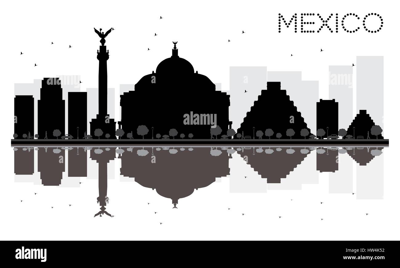 Mexico City skyline black and white silhouette with reflections. Cityscape with landmarks. Vector illustration. Stock Vector