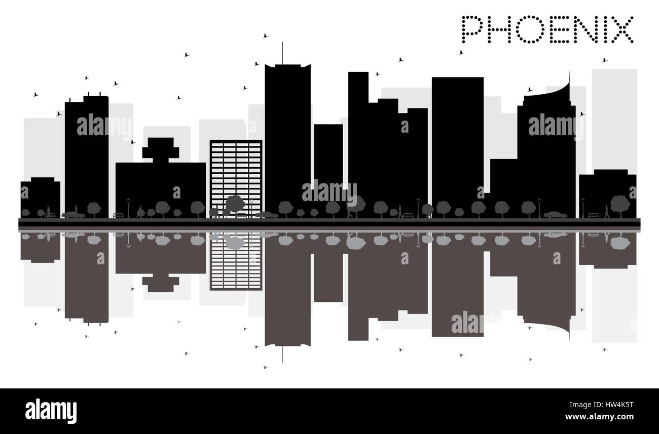 Phoenix City Skyline Black And White Silhouette With Reflections