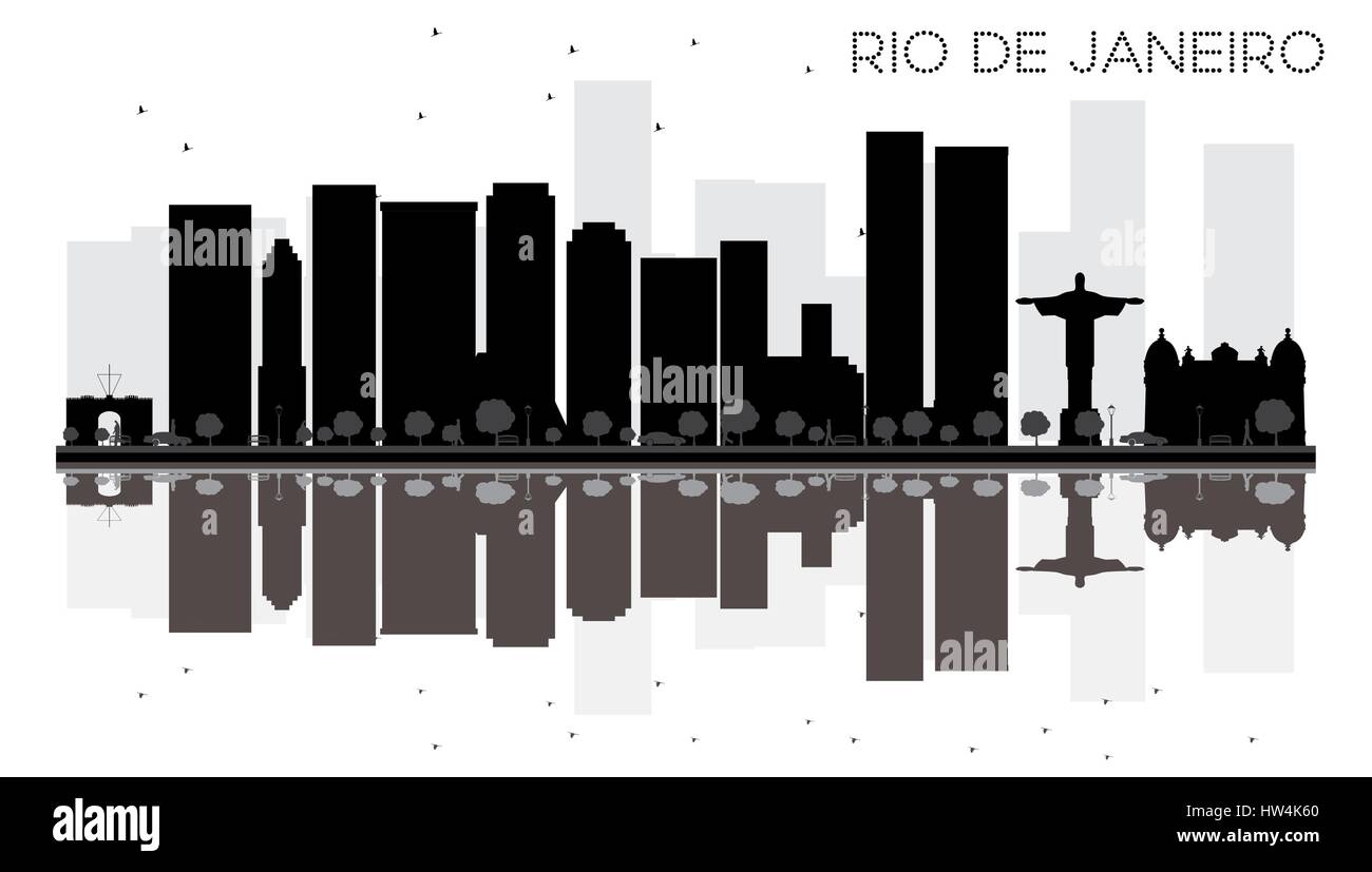 Rio de Janeiro City skyline black and white silhouette with reflections