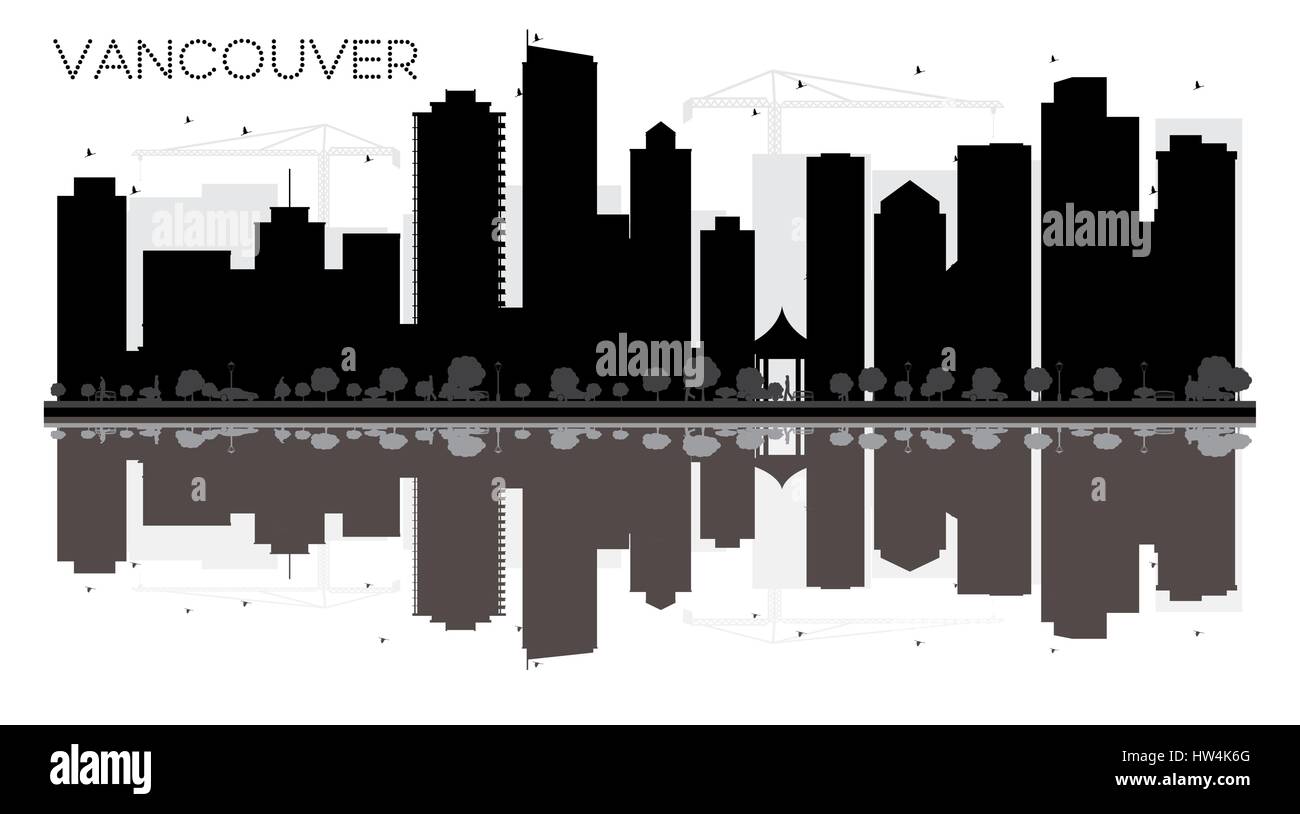 Vancouver City skyline black and white silhouette with reflections ...